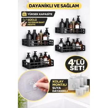 Duş İçi Yapışkanlı Banyo Rafı 4’lü Set | Delme Yok | Güçlü Yapışkan Bantlı Organizer