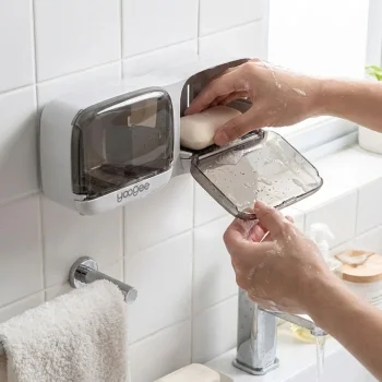 Duvara Monte İkili Kapaklı Plastik Katı Sabunluk Organizer – Banyo & Mutfak İçin Yapışkanlı Sabun Kutusu ve Düzenleyici