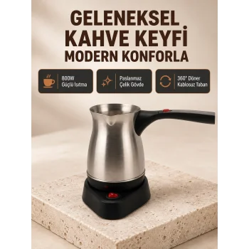 Elektrikli Türk Kahvesi Cezvesi 800W Kablosuz Döner Tabanlı
