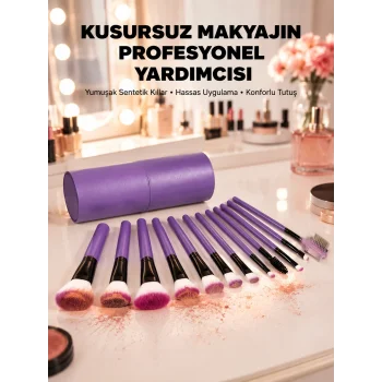Ergonomik Saplı Fiber Kıllı 12li Makyaj Fırça Takımı Göz ve Ten Makyajı İçin Uygun