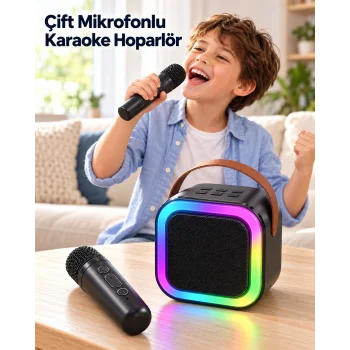 Evde Karaoke İçin Çift Mikrofonlu Şarj Edilebilir Kablosuz Hoparlör