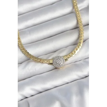 Ezme Zincir Model Zirkon Taşlı VIP Seri Gold Renk Kadın Kolye