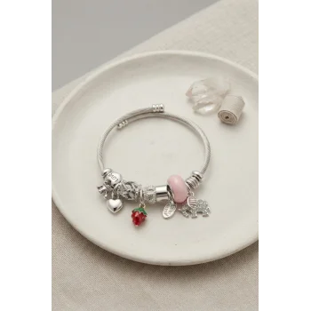 Fil Çilek ve Kalp Pembe Charmlı Bileklik