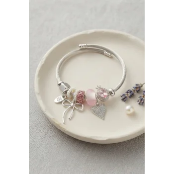 Fiyonk ve Kalp Pembe Charmlı Gümüş Renk Bileklik