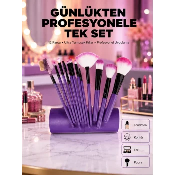 Fondöten, Allık ve Far Uygulamalarına Uygun 12 Parça Makyaj Fırça Takımı Ergonomik Saplı