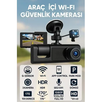Full Hd 3 Kameralı Araç Kamerası Ön İç Arka Kayıt Ve Gece Görüşlü G Sensörlü Geniş Açılı