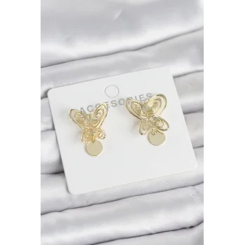 Füsun Küpesi Model Gold Renk Kelebek Model Pirinç Kadın Küpe