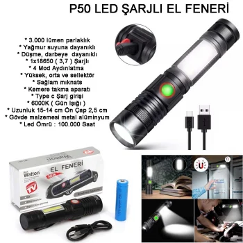 Geniş Açılı P50 Led Şarjlı EL Feneri Wt-601