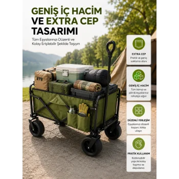 Geniş İç Hacimli Fren Sistemli Katlanabilir Kamp ve Piknik Arabası