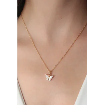 Gold Beyaz Renk Kelebek Figür Kadın Kolye
