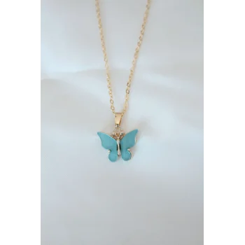 Gold Kaplama Turkuaz Renk Sedefli Kelebek Kolye