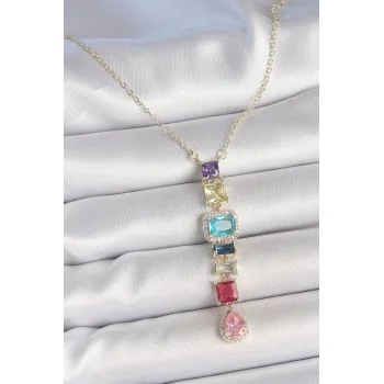 Gold Karışık Renk Zirkon Taşlı Y Pirinç Kolye