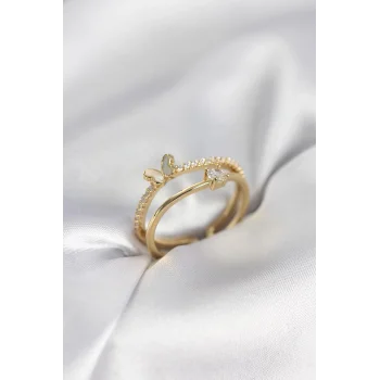 Gold Renk 2li Zirkon Taşlı Kelebek Model Kadın Yüzük
