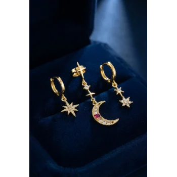 Gold Renk 3 lü Ay ve Yıldız Model Küpe