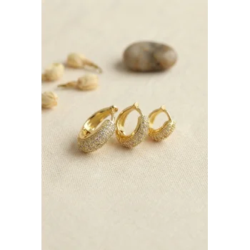 Gold Renk 3 lü Zirkon Taşlı Halka Küpe Set