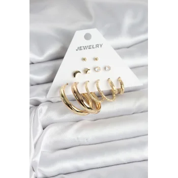 Gold Renk 6 Çiftli Pirinç Kadın Küpe Seti