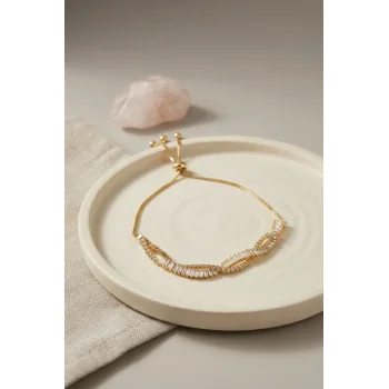 Gold Renk Baget Zirkon Taşlı Sarmal Model Pirinç Asansör Bileklik