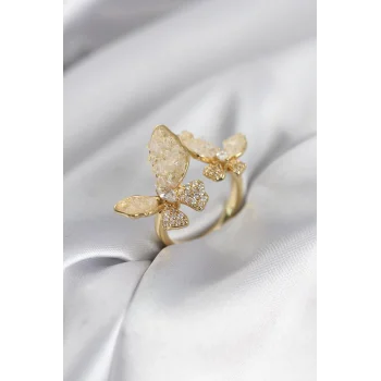 Gold Renk Beyaz Kelebek Model Zirkon Taşlı Kadın Yüzük