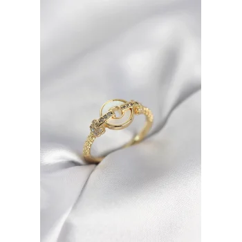 Gold Renk Daire Form Sedef ve Zirkon Taşlı Kadın Yüzük