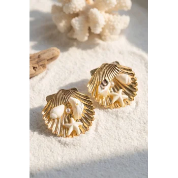 Gold Renk Deniz Kabuğu Deniz Yıldızı ve Beyaz Taş Detaylı Küpe