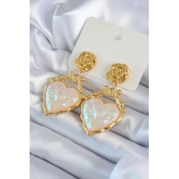 Gold Renk Gül Sallantı Kalp Model Pirinç VİP Kadın Küpe