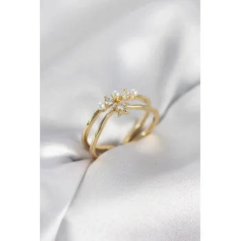 Gold Renk İncili Yıldız Model Zirkon Taşlı Kadın Yüzük