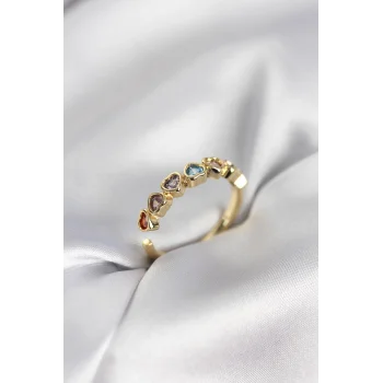 Gold Renk Kalp Model Renkli Zirkon Taşlı Kadın Yüzük