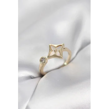 Gold Renk Köşeli Yonca Model Zirkon Taşlı Kadın Yüzük