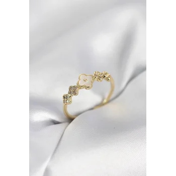 Gold Renk Minimal Yonca ve Zirkon Taşlı Kadın Yüzük
