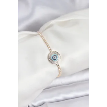 Gold Renk Nazar Model Zirkon Taşlı Asansörlü Su Yolu Bileklik