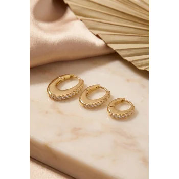 Gold Renk Oval Halka Model Zirkon Taşlı 3 lü Küpe Set