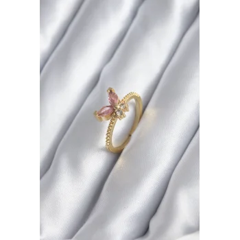 Gold Renk Pembe Zirkon Taşlı Kelebek Model Kadın Yüzük