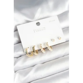 Gold Renk Pirinç Halka 925 Ayar Gümüş Çivili Kadın Küpe Seti