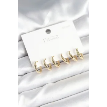 Gold Renk Pirinç Halka Model 925 Ayar Gümüş Çivili Kadın Küpe Seti