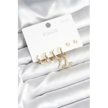 Gold Renk Pirinç Kelebek Model 925 Ayar Gümüş Çivili Kadın Küpe Seti