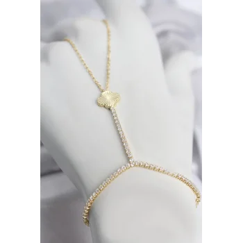 Gold Renk Pirinç Lazerli Yonca Model Zirkon Taşlı Şahmeran