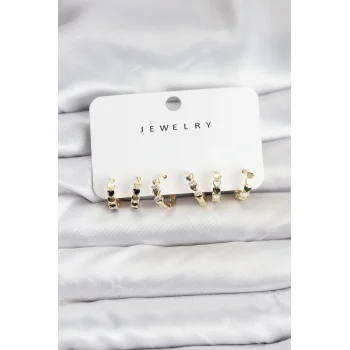 Gold Renk Pirinç Minimal Kalp Detaylı Kadın Küpe Seti