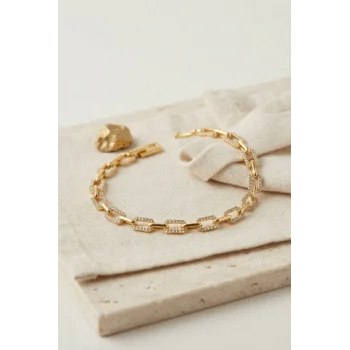 Gold Renk Pirinç Sıralı Kare Model Zirkon Taşlı Bileklik