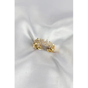 Gold Renk Pirinç Sıralı Yıldız Model Zirkon Taşlı Kadın Yüzük