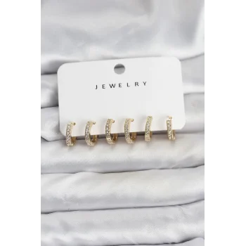 Gold Renk Pirinç Zirkon Taşlı Halka Kadın Küpe Seti