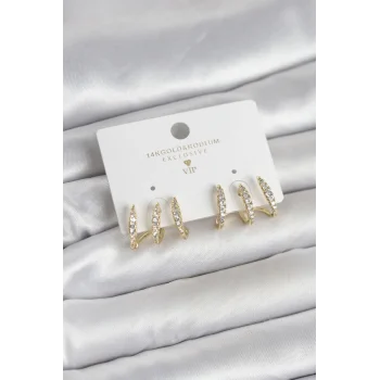 Gold Renk Pirinç Zirkon Taşlı Kadın Küpe