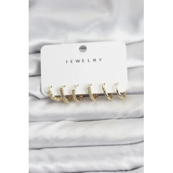 Gold Renk Pirinç Zirkon Taşlı Kadın Küpe Seti