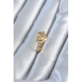 Gold Renk Pirinç Zirkon Taşlı Kalp Model Kadın Yüzük