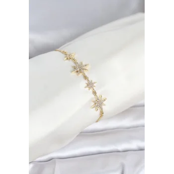 Gold Renk Pirinç Zirkon Taşlı Kutup Yıldızı Model Asansörlü Kadın Bileklik