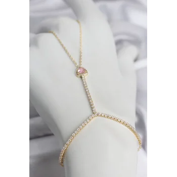 Gold Renk Pirinç Zirkon Taşlı Pembe Kalp Model Şahmeran