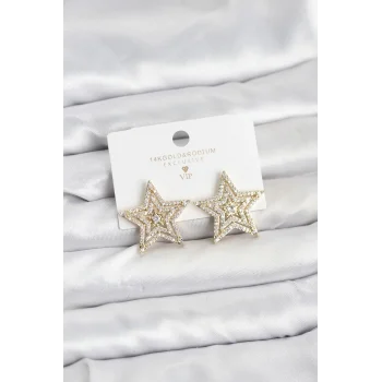 Gold Renk Pirinç Zirkon Taşlı Yıldız Model Kadın Küpe