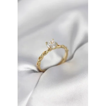 Gold Renk Sarmal Zincir Model Tek Taş Model Zirkon Taşlı Kadın Yüzük