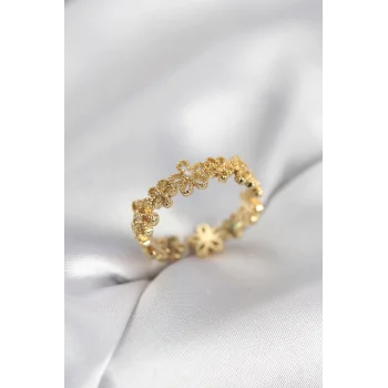 Gold Renk Sıralı Çiçek Model Zirkon Taşlı Kadın Yüzük