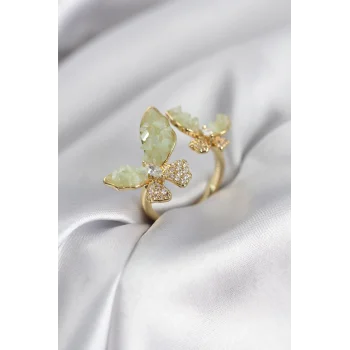 Gold Renk Su Yeşili Kelebek Model Zirkon Taşlı Kadın Yüzük