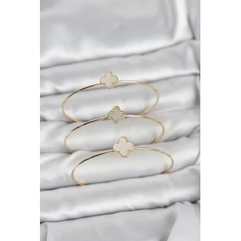 Gold Renk Yonca Model Zirkon Taşlı 3lü Kadın Bileklik Kombini